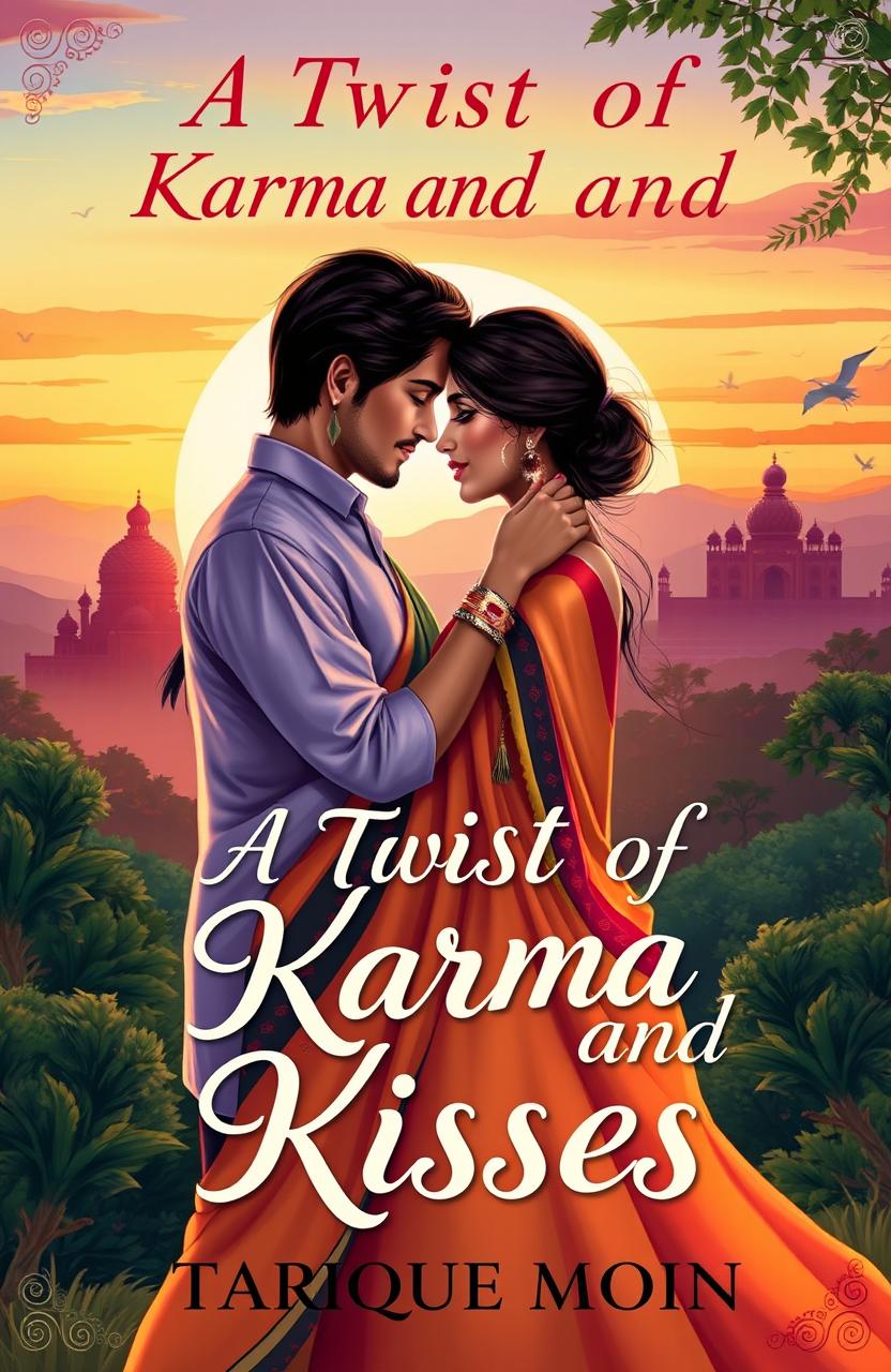 The cover of an Indian romantic novel titled "A Twist of Karma and Kisses", featuring a beautifully illustrated romantic scene set in a vibrant Indian landscape