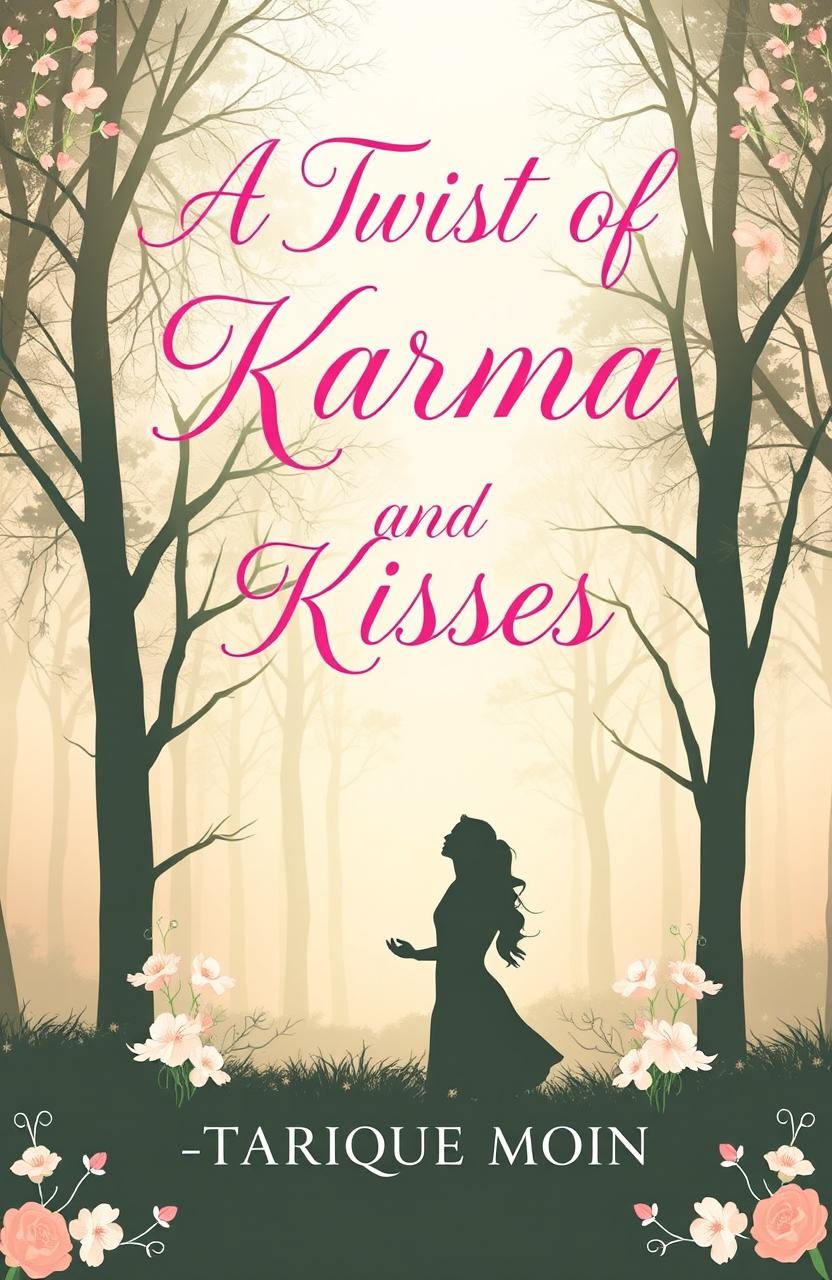 A romantic novel cover design featuring soft pastel colors, with an enchanting forest landscape in the background