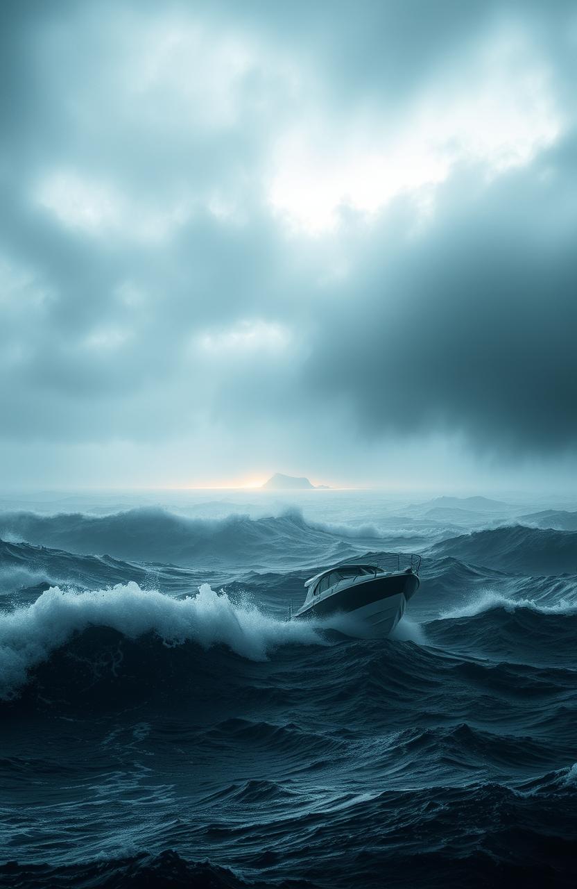 A dramatic stormy ocean scene featuring a small boat battling massive, turbulent waves