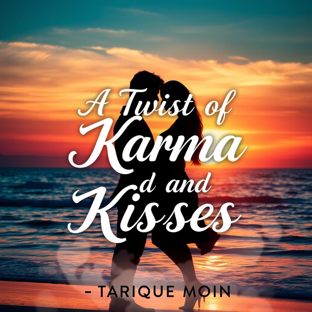 A romantic novel cover design showcasing an enchanting sunset over a tranquil beach, with gentle waves lapping at the shore