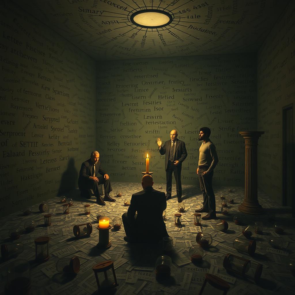 A massive, dimly lit room filled with scattered random words adorning the walls, ceiling, and floor, illuminated by a simple candle