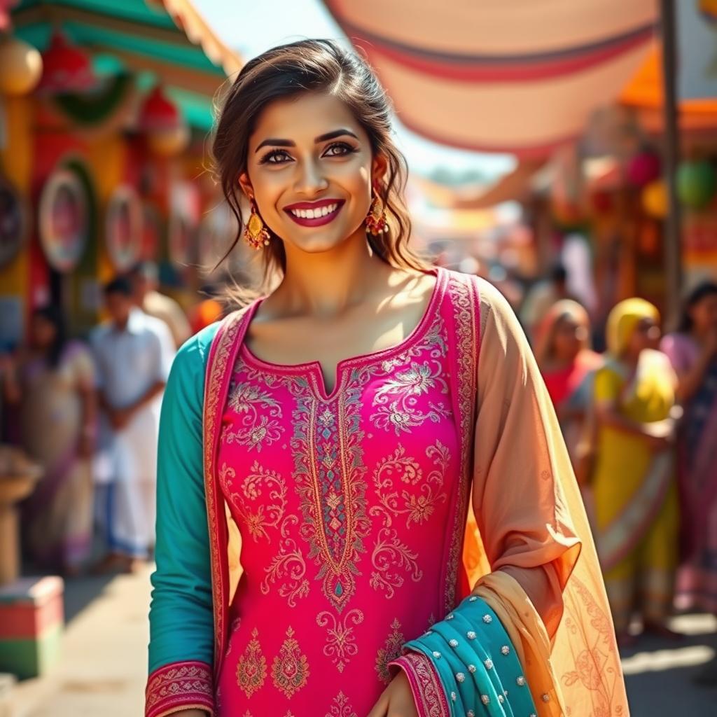 A woman wearing a vibrant and elegant salwar kameez, showcasing intricate embroidery and attractive patterns
