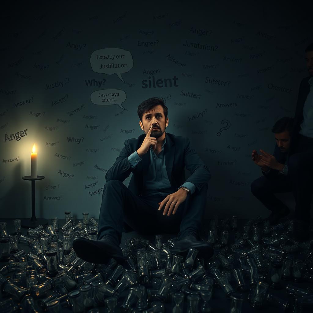 A man sitting confidently in a dimly lit room, where a faint candle glows and casts shifting shadows on the walls, floor, and ceiling