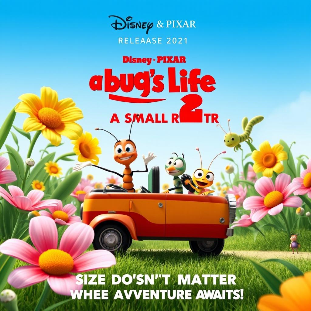 A charming and colorful movie poster for 'Disney & Pixar's A Bug's Life 2: A Small Road Trip', released in 2021