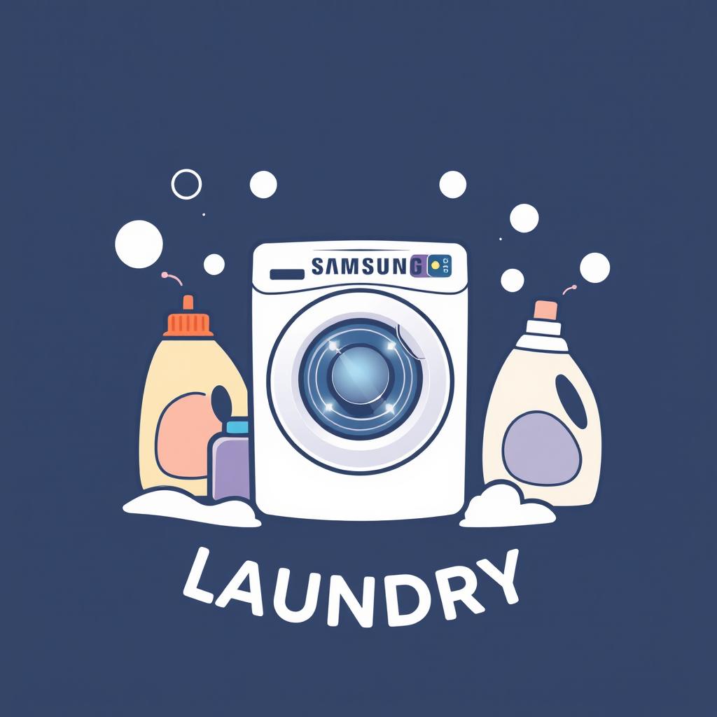 A logo design for a laundry business featuring a white Samsung washing machine at the center, surrounded by colorful detergent and fabric softener bottles