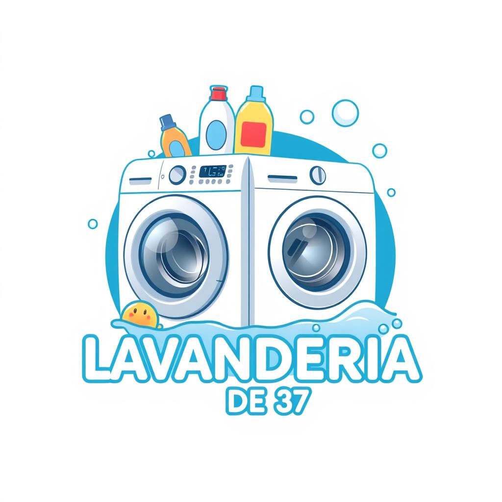 A modern and vibrant logo design for a laundry business featuring a white Samsung washing machine, detergent and fabric softener bottles, and playful soap bubbles
