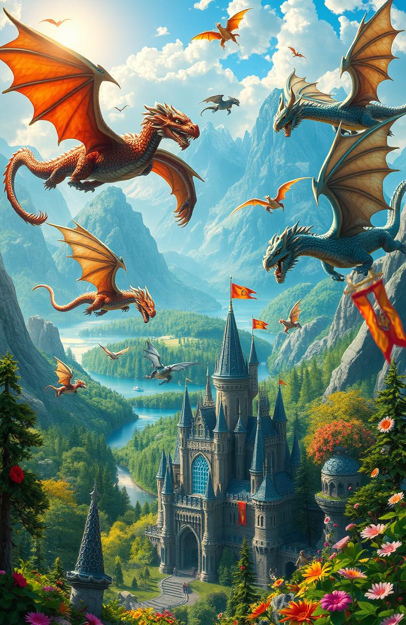 A fantastical dragon world, showcasing majestic dragons soaring through the skies over a vibrant landscape filled with lush forests, towering mountains, and shimmering lakes