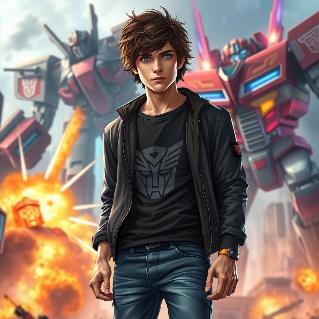 An epic portrait of Sam Witwicky, a young adult male with shaggy dark brown hair and bright blue eyes, standing confidently in a futuristic urban environment