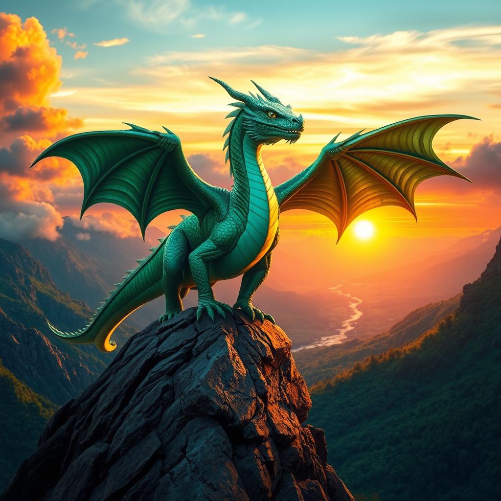 A stunning depiction of a dragon achieving a significant milestone, set against a breathtaking landscape that symbolizes victory