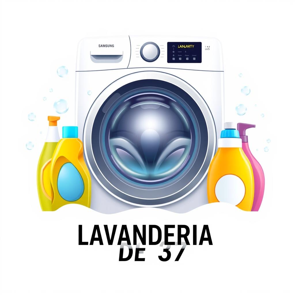 A logo for a laundry business featuring a white Samsung washing machine, surrounded by colorful detergent and fabric softener bottles, with floating soap bubbles creating a cheerful atmosphere