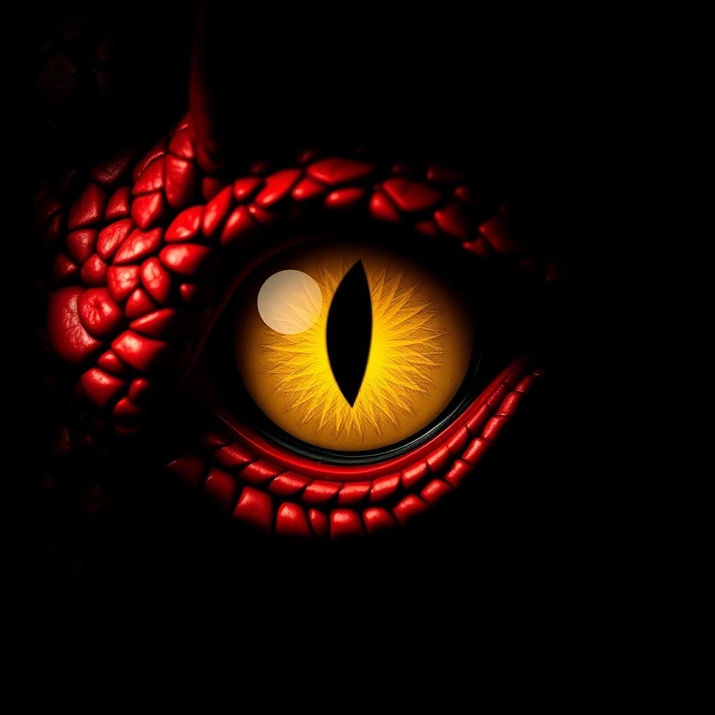 A striking close-up of a dragon's eye, featuring brilliant shades of red in the outer areas with a vivid yellow center, set against a deep black background