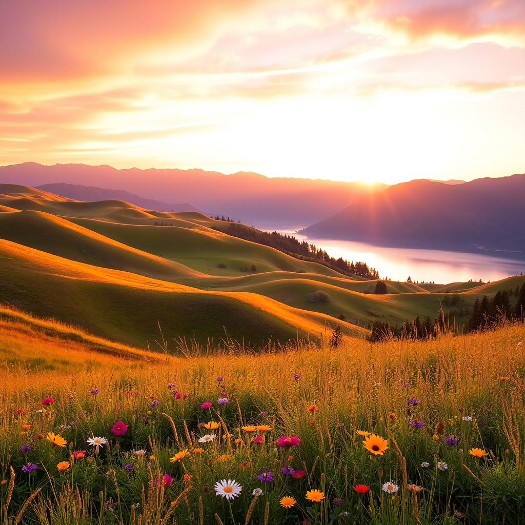 A serene, picturesque landscape featuring rolling hills bathed in the golden glow of a sunset