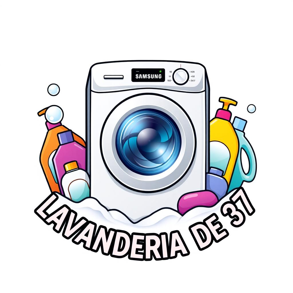 A vibrant and eye-catching logo for a laundry business featuring a white Samsung washing machine prominently displayed