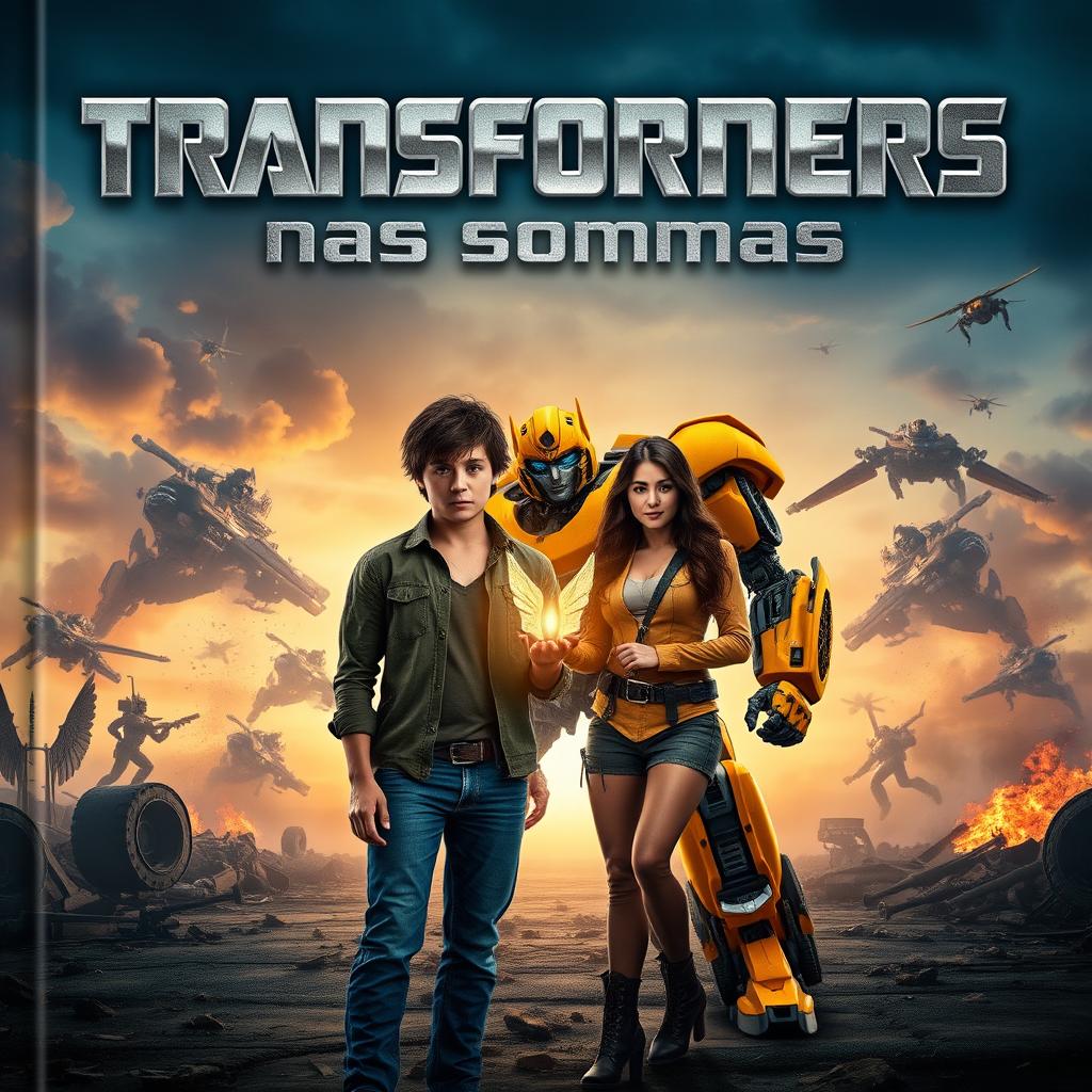 An epic and cinematic cover showcasing an intense battle scene between the Autobots and Decepticons