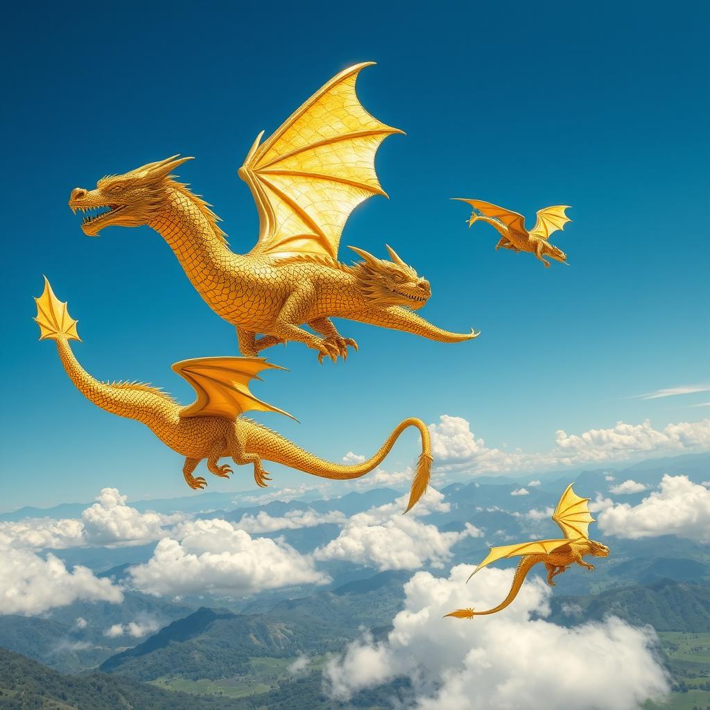 A mesmerizing scene of golden dragons soaring through a clear blue sky, their scales glistening in the sunlight