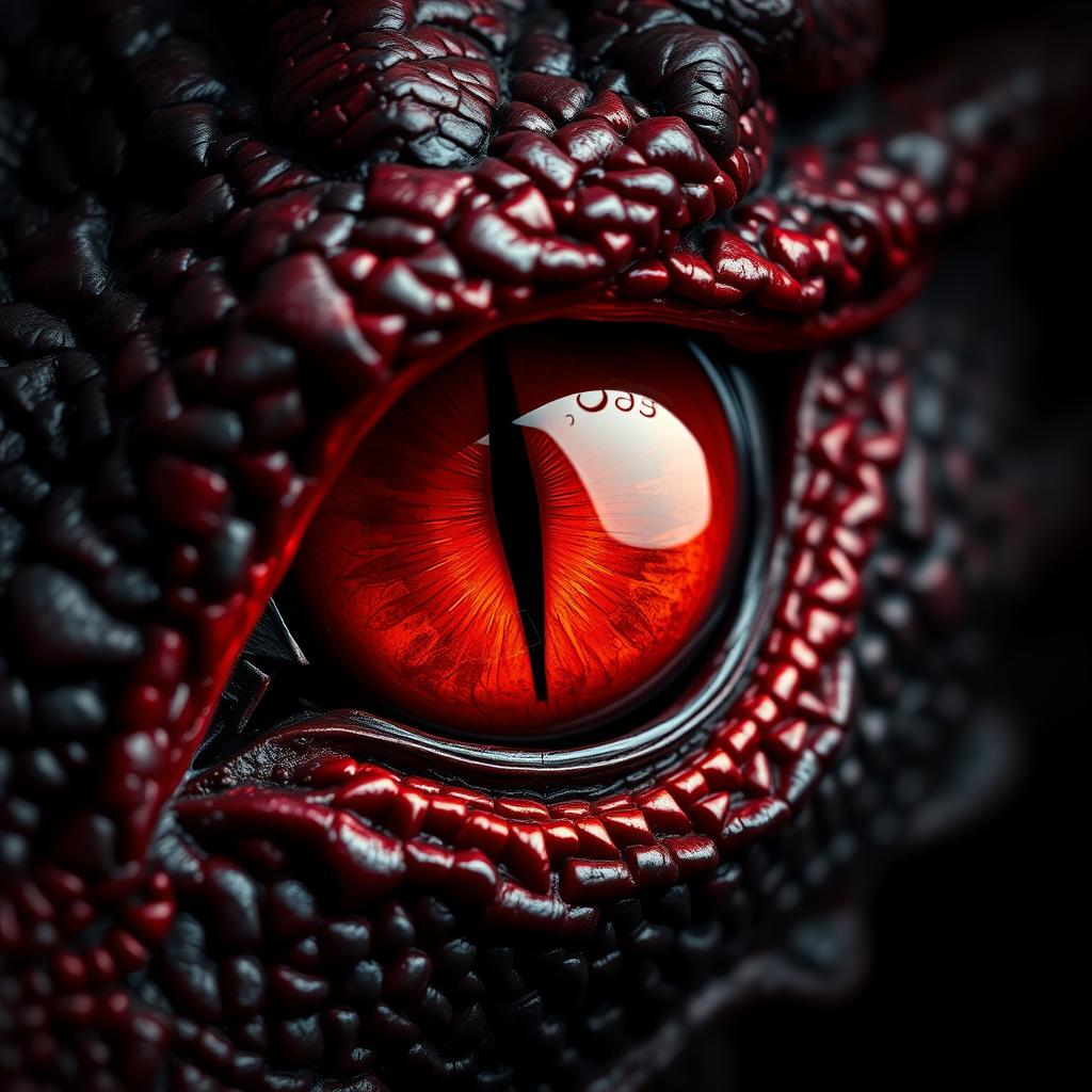A captivating close-up of a dragon's eye, featuring a vibrant red iris that dominates the center, radiating intensity and power