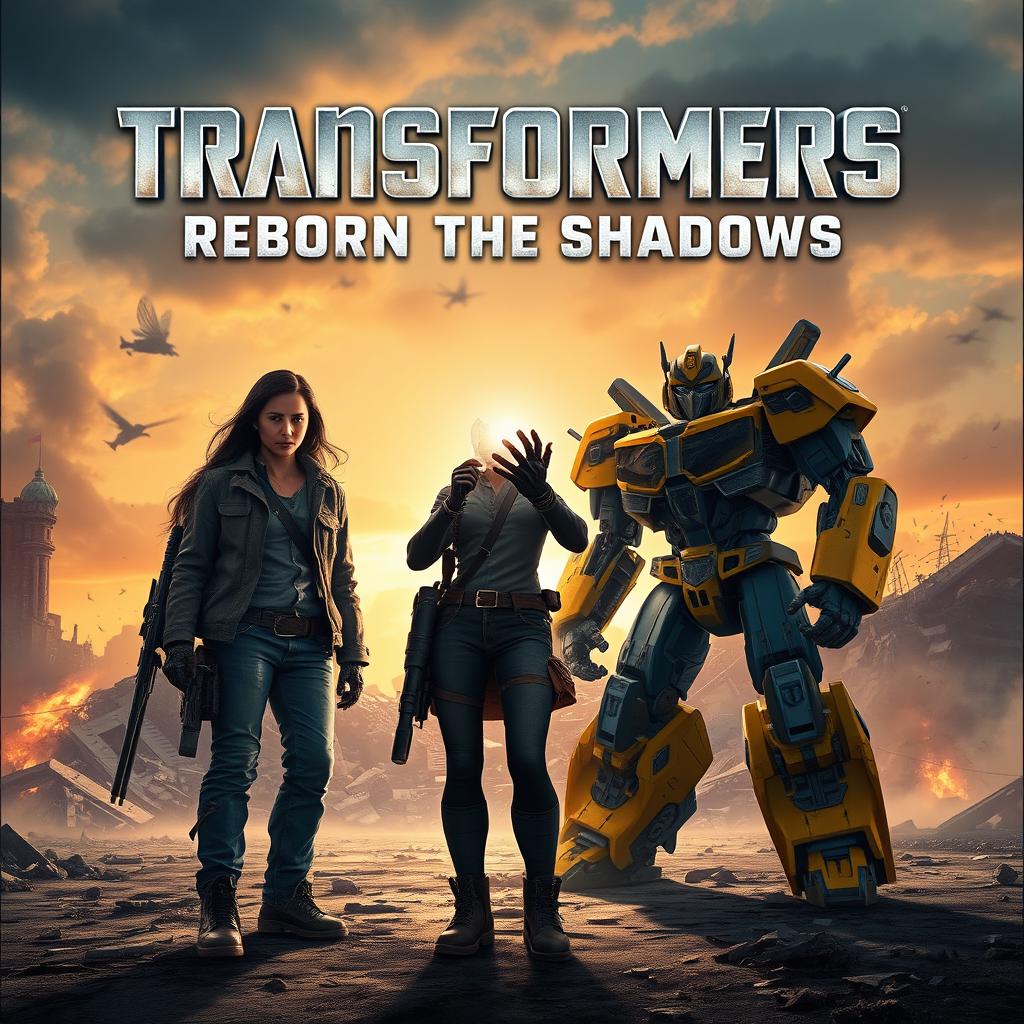 An epic and cinematic cover illustrating a fierce battle scene between the Autobots and Decepticons