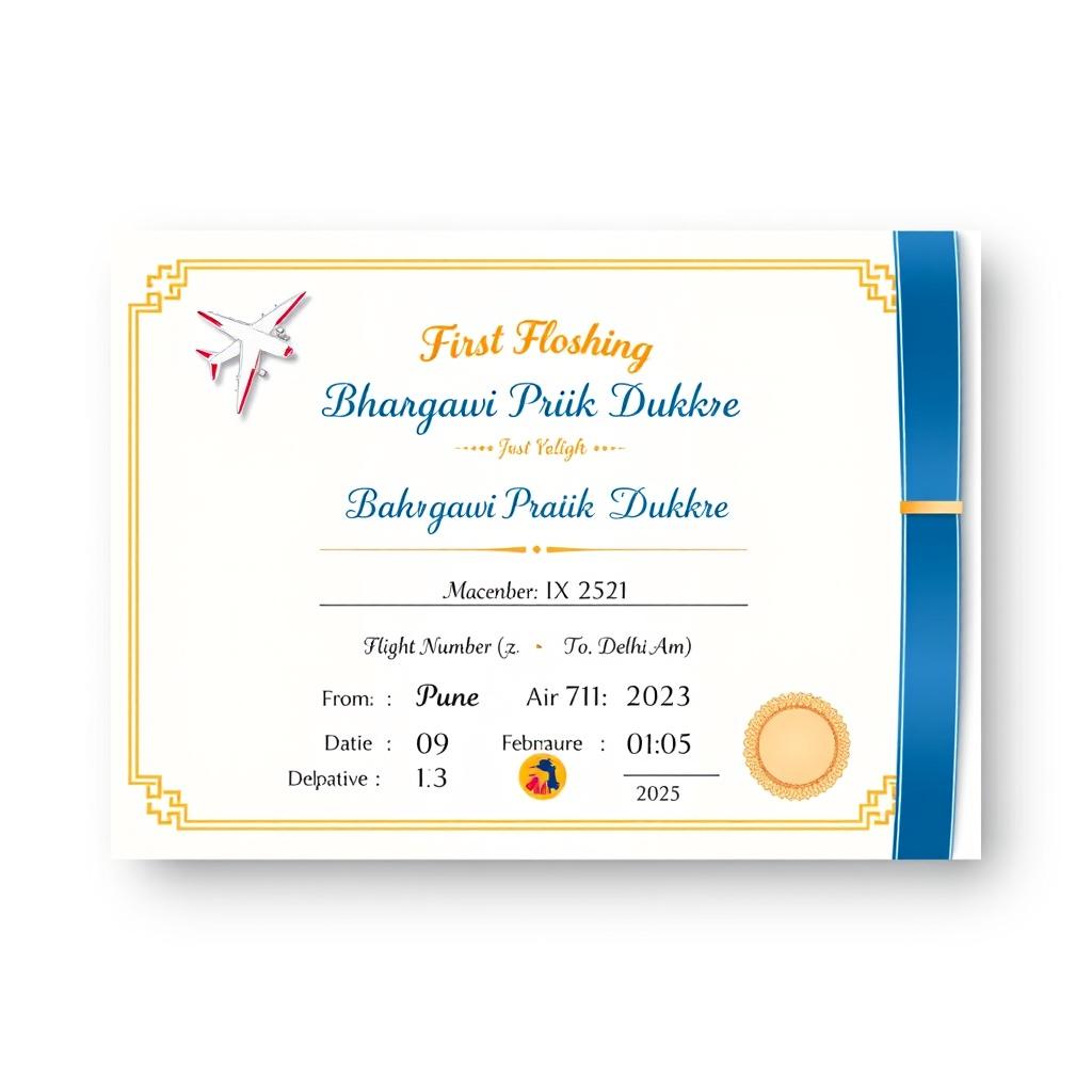 A beautifully designed First Flight Certificate for a young passenger, showcasing elegant elements such as an airplane graphic, a border with soft pastel colors, and a welcoming message