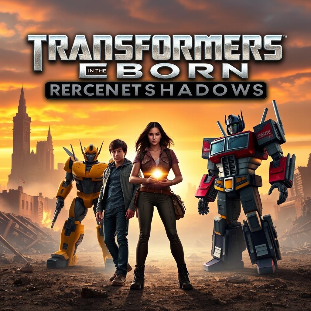 An epic and cinematic cover showcasing a dramatic battle scene between the Autobots and the Decepticons