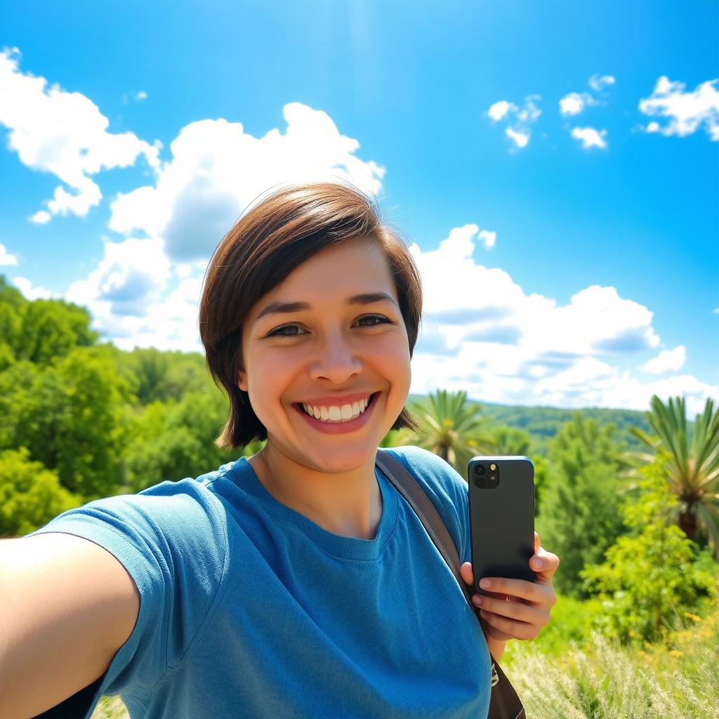 A joyful selfie scene featuring a person smiling widely, surrounded by a beautiful natural landscape