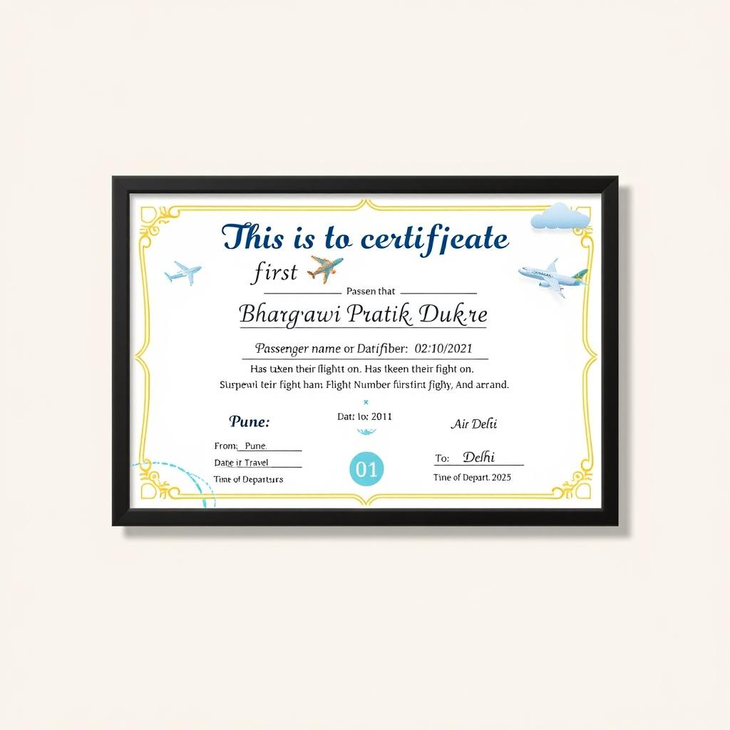 A beautifully designed First Flight Certificate, displaying an elegant border and celebratory graphics representing air travel, such as airplanes and clouds