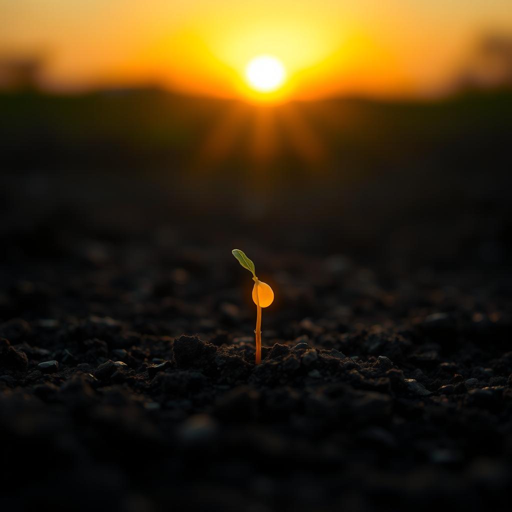 In a serene natural landscape at dawn, a single glowing seed is gently planted in dark, rich soil, surrounded by a tranquil ambiance