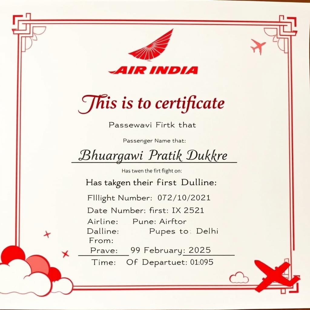 A beautifully designed First Flight Certificate featuring the Air India logo prominently at the top