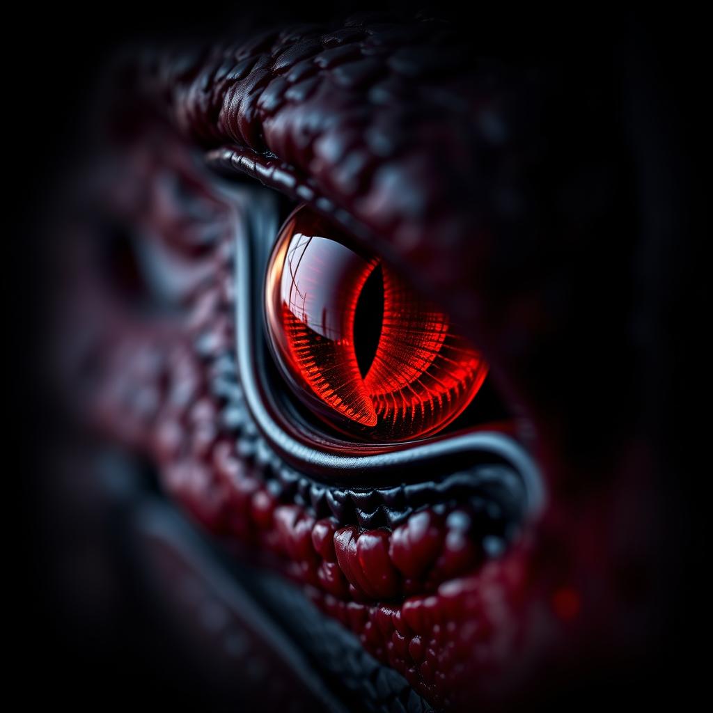 An enchanting close-up of a dragon's eye, featuring a deep, vibrant red iris set against a solid black background that is softly blurred around the edges