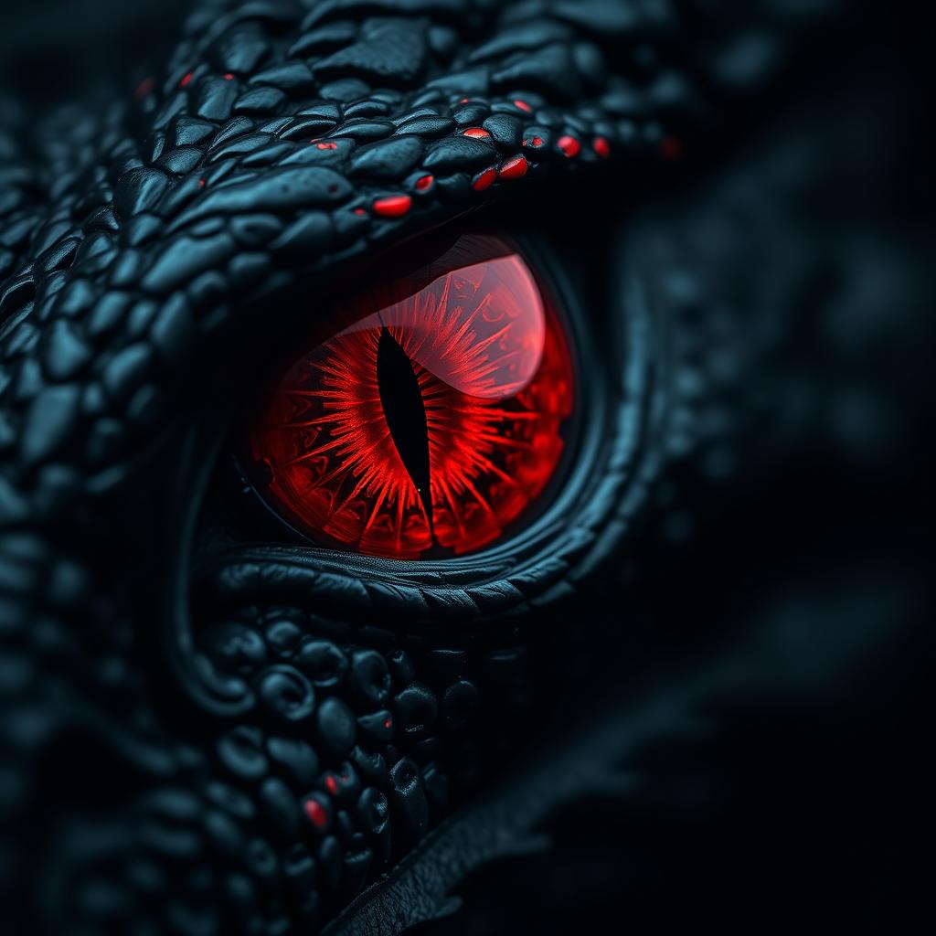 A striking close-up of a dragon's eye, featuring a brilliant red iris that radiates a fierce intensity, set against a deep black background that is smoothly blurred for a soft focus effect