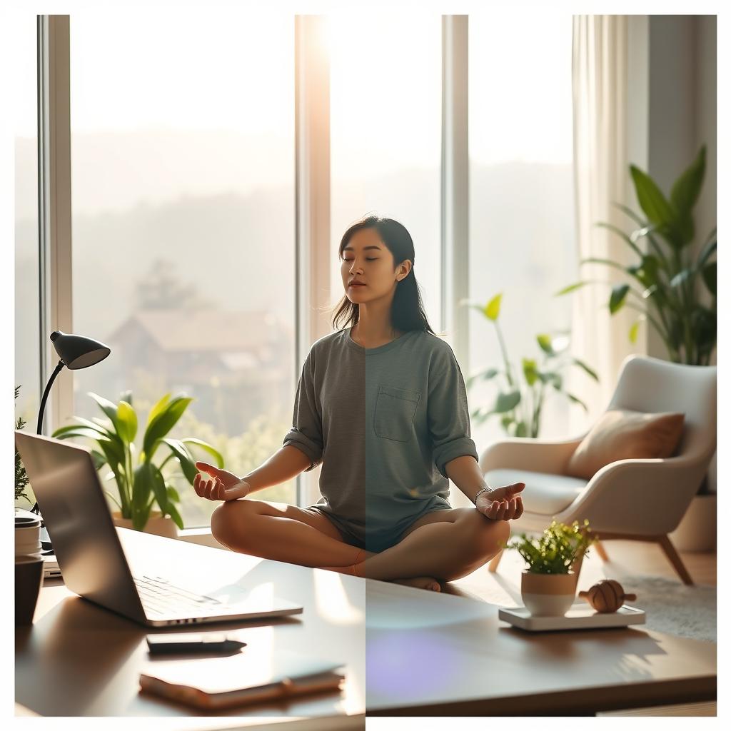 A serene and inspiring scene depicting the concept of balancing work and personal well-being