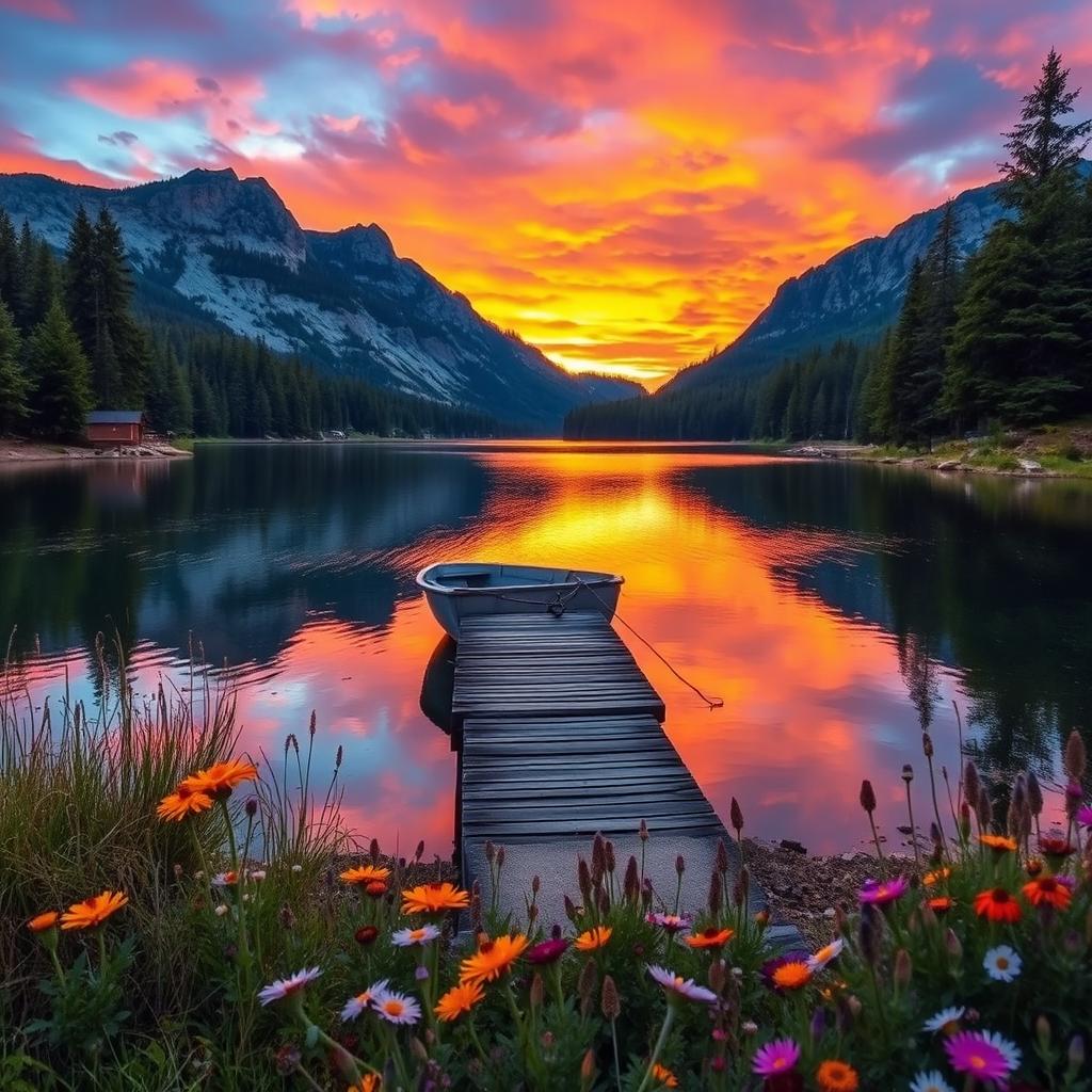A serene landscape featuring a vibrant sunset over a calm lake, surrounded by lush green pine trees and rocky mountains in the background