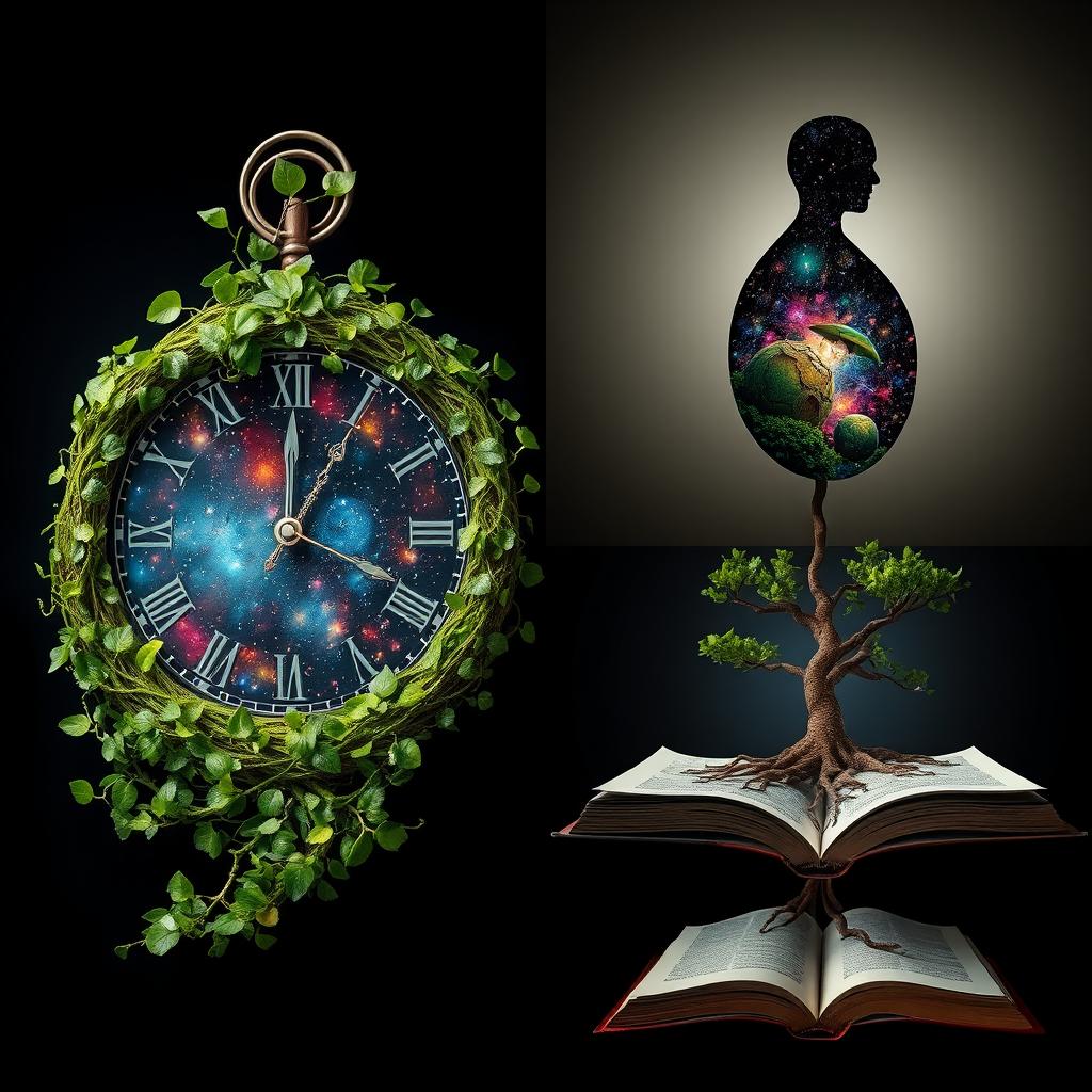 An imaginative and abstract representation of unconventional metaphors for life: a clock intricately crafted from lush green vines, symbolizing the intertwining of growth and time
