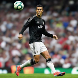 Cristiano Ronaldo in his football kit, showing intense determination on his face as he is about to kick a football.