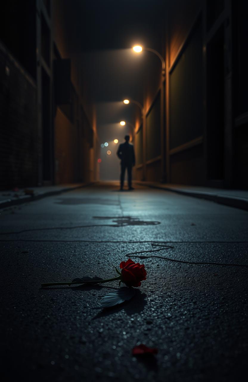 A dark, atmospheric crime scene depicting a murder investigation in an abandoned alleyway