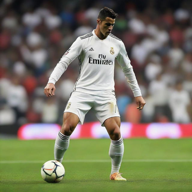 Cristiano Ronaldo in his football kit, showing intense determination on his face as he is about to kick a football.