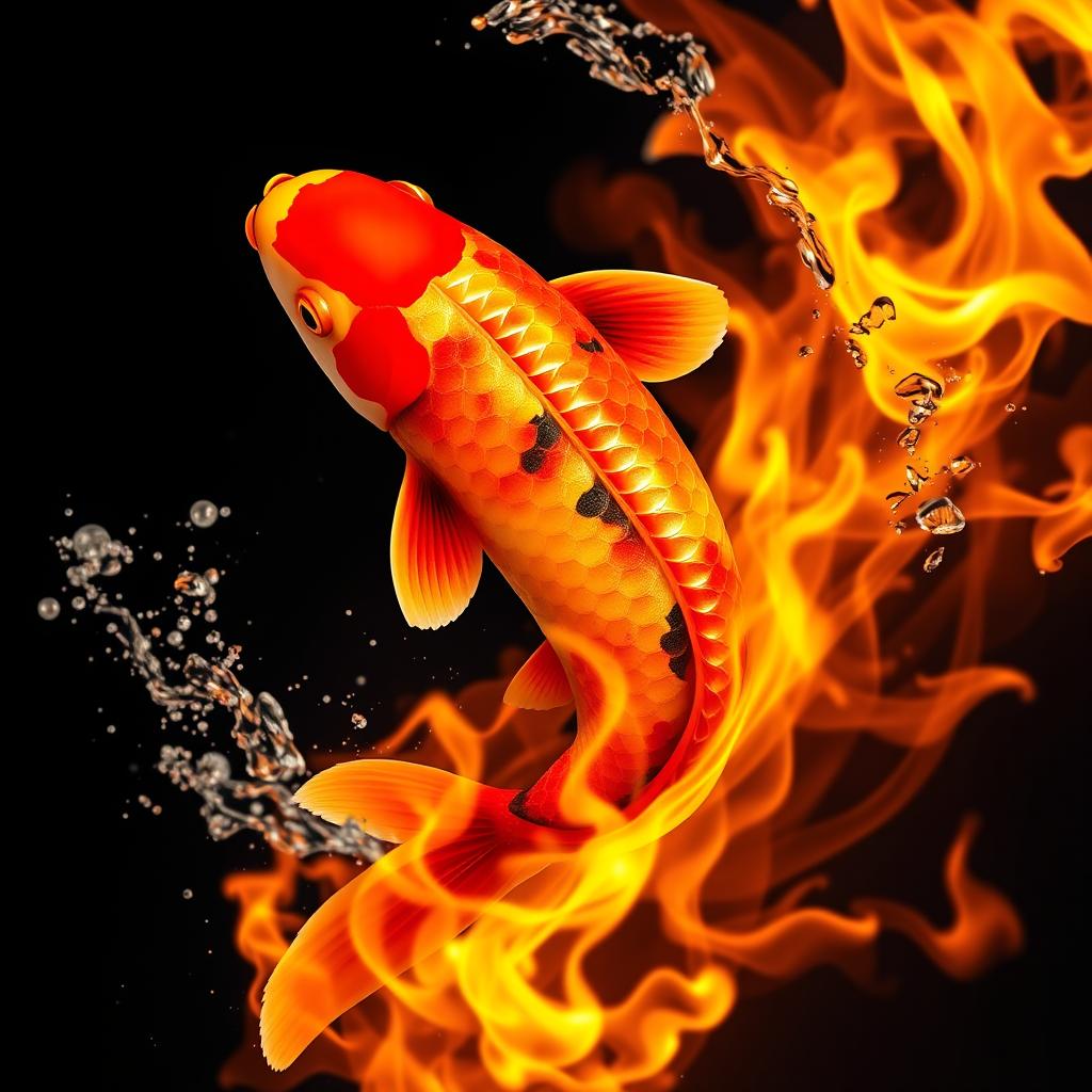 A striking image of a vibrant koi fish splashing through fiery flames, showcasing its beautiful scales in bright oranges, reds, and yellows