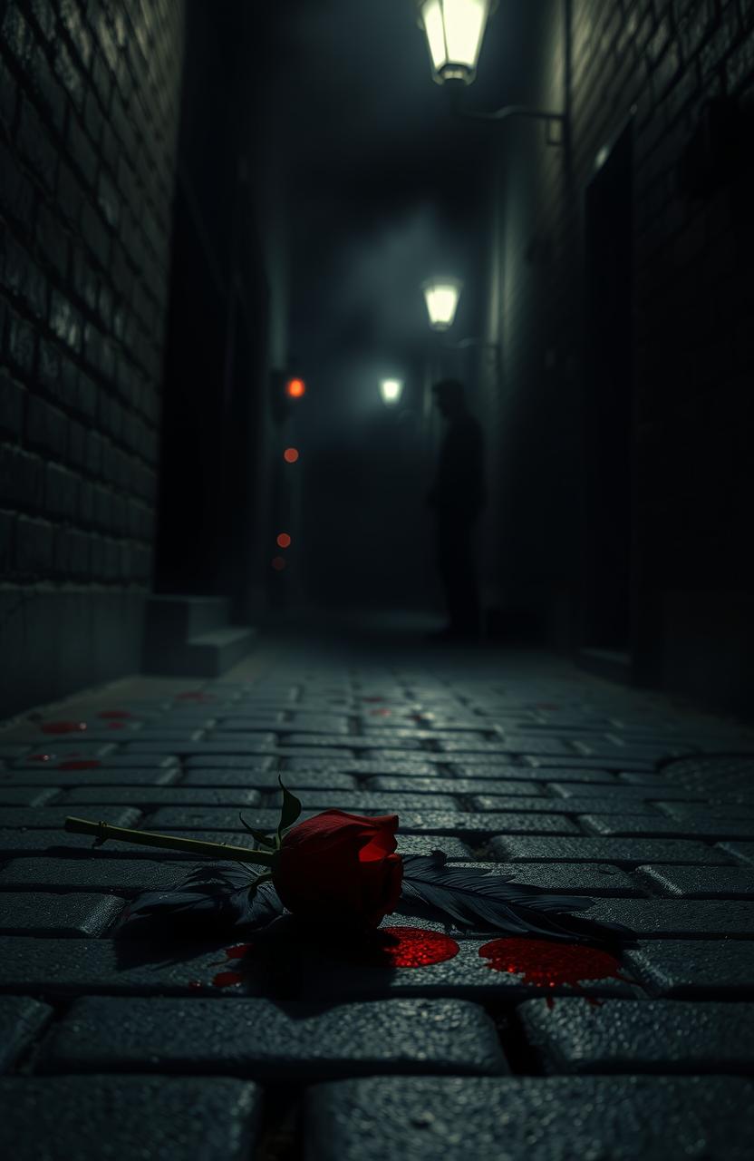 A dark, atmospheric crime scene from a thriller story titled 'Crimson and Black'