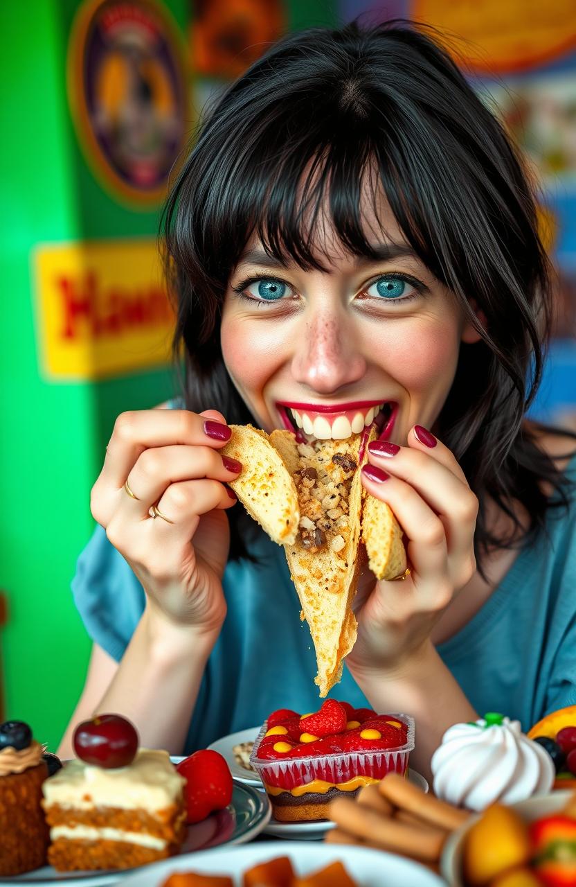 A 30-year-old woman with pale white skin and blue eyes, medium-length black hair, joyfully stuffing her face with a variety of delicious food, showcasing a moment of indulgence