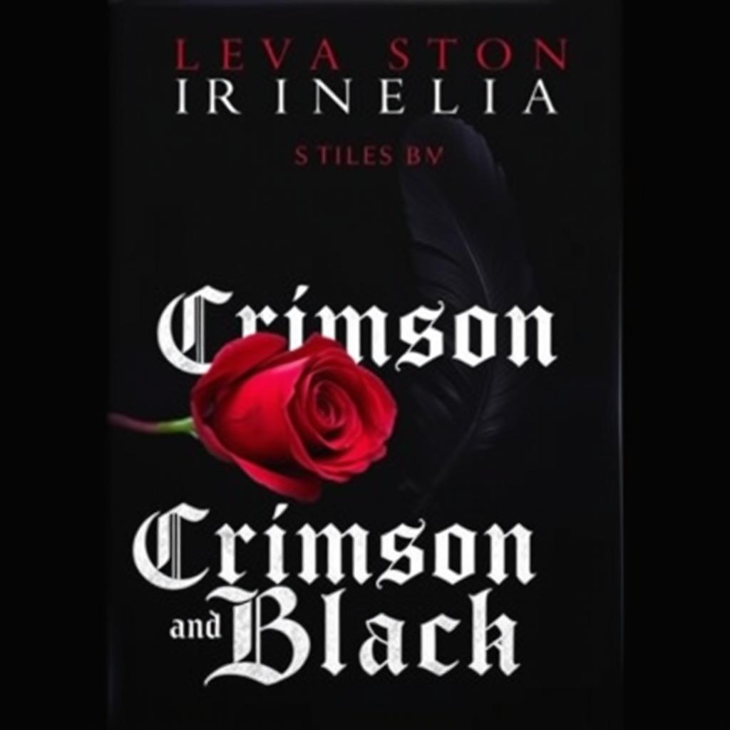 A gripping book cover for a crime story titled 'Crimson and Black', featuring a striking imagery of a crimson rose delicately placed beside a mysterious black feather