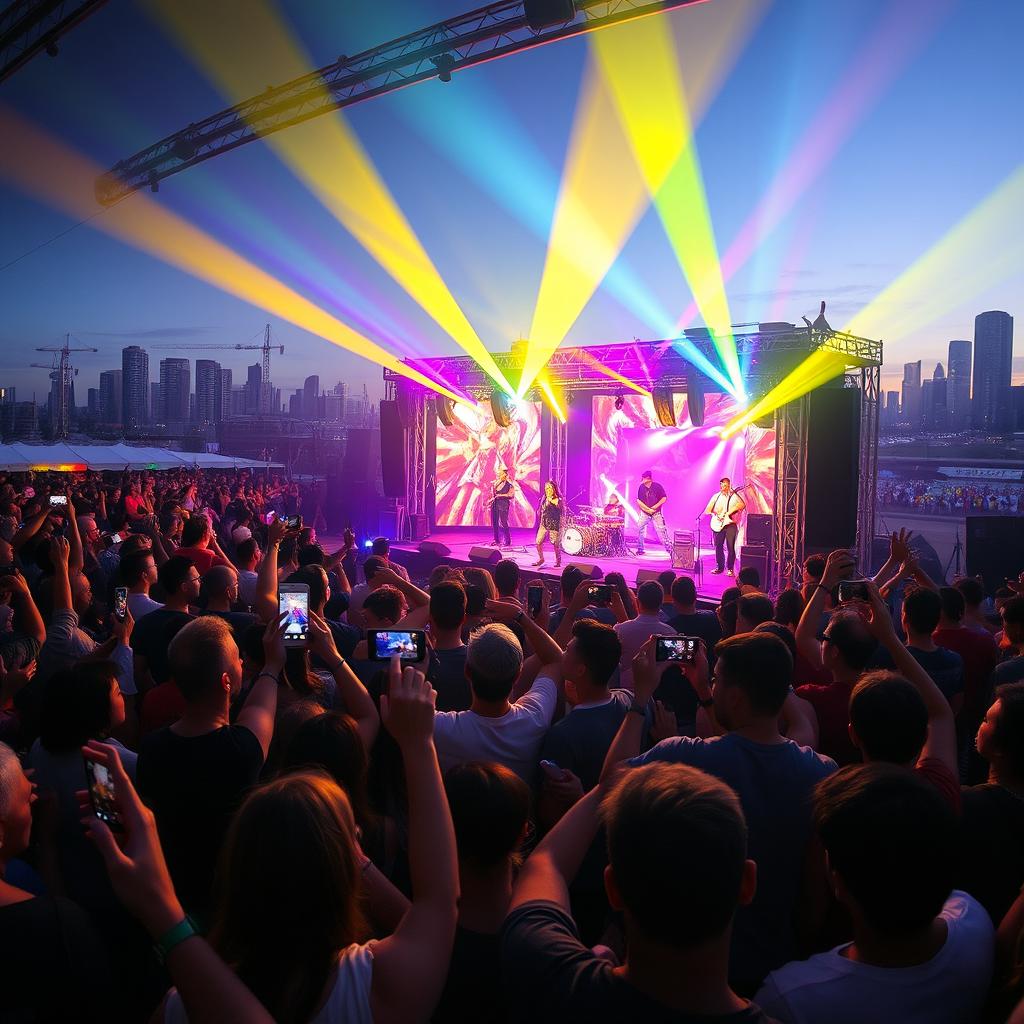 A vibrant live concert scene filled with energy, colorful lights illuminating the crowd, a diverse audience enjoying the performance with excitement and joy