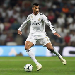 Cristiano Ronaldo in his football kit, showing intense determination on his face as he is about to kick a football.