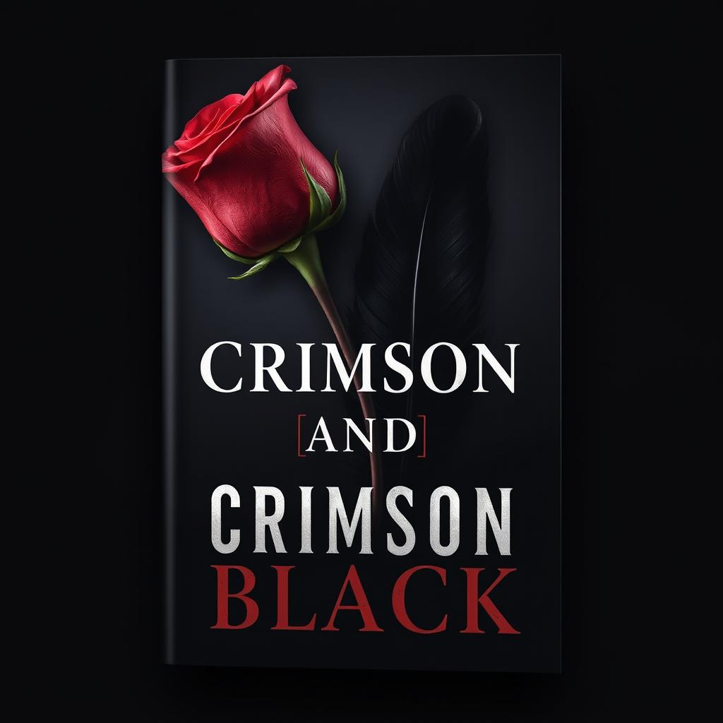 A captivating book cover design featuring a striking crimson rose intertwined with an elegant black feather