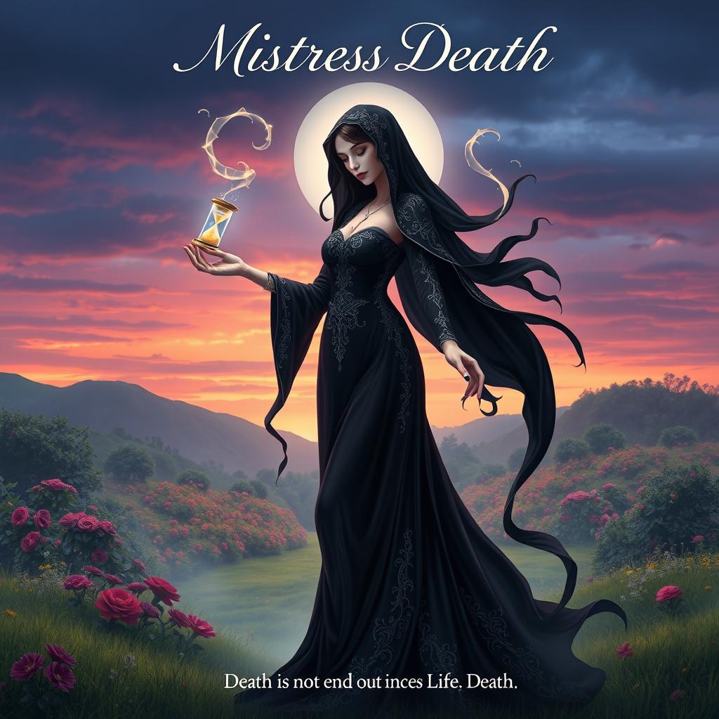 A book cover design for a story titled 'Mistress Death', featuring a graceful, elegant female figure personifying death, wearing a flowing, dark gown with intricate silver patterns