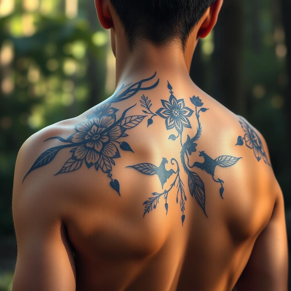 A dynamic scene showing the back of a person with an intricate tattoo design