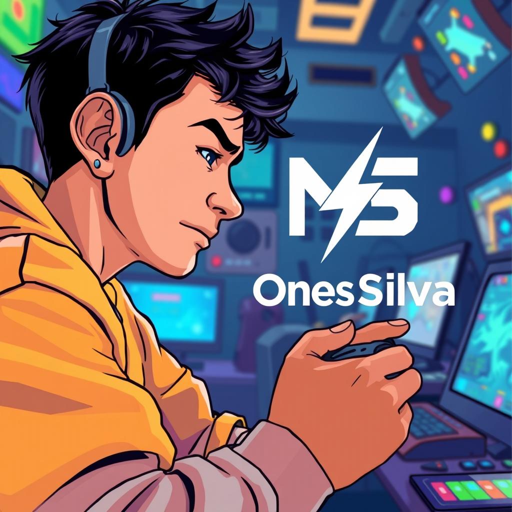 An illustration of a person intensely playing video games, immersed in the experience, with a vibrant and dynamic atmosphere surrounding them