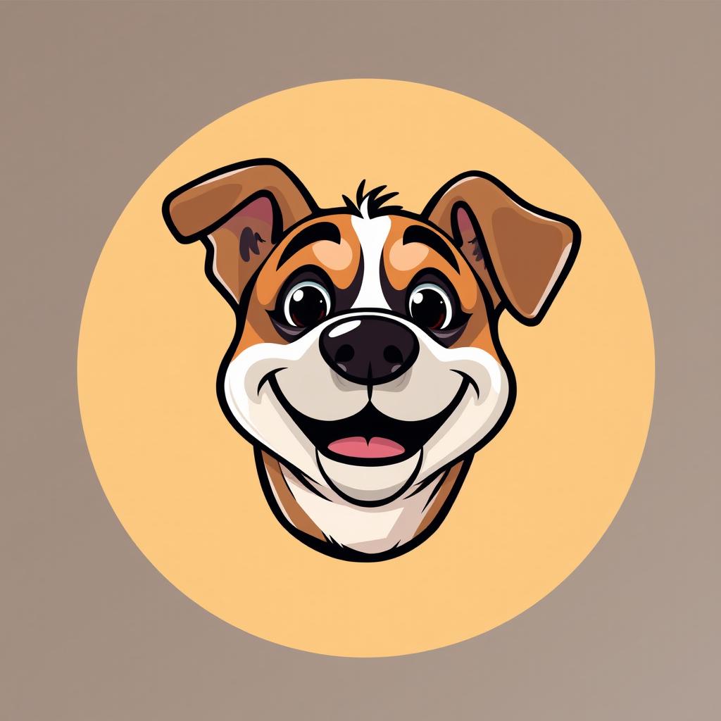 A round logo design featuring the head of a funny dog with exaggerated facial expressions and playful features, capturing a humorous and meme-like vibe