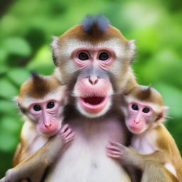 A dad monkey surrounded by his three young children, displaying expressions of shock and tears