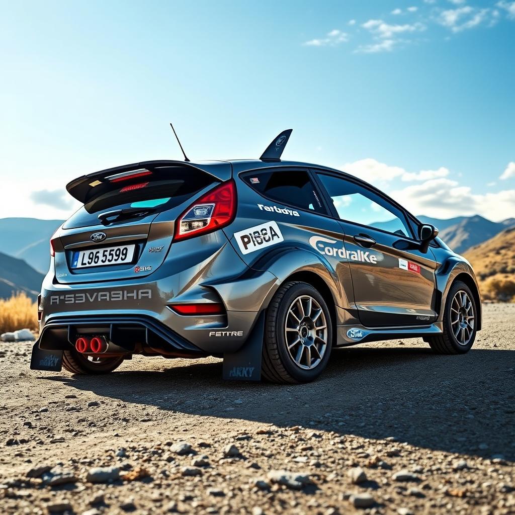 A Ford Fiesta MK7 rally car in a striking Nardo Grey color, parked on a rugged outdoor rally stage