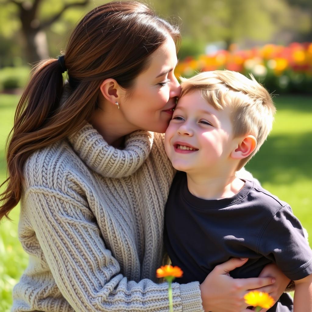A warm and affectionate scene of a mother kissing her young son on the cheek in a loving and tender manner