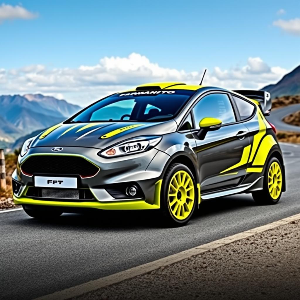 A Ford Fiesta MK7 rally car, painted in a striking Nardo Grey with vibrant yellow fluorescent accents